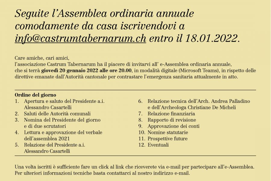 Assemblea annuale Associazione Castrum Tabernarum – 20.01.2022 alle ore 20.00