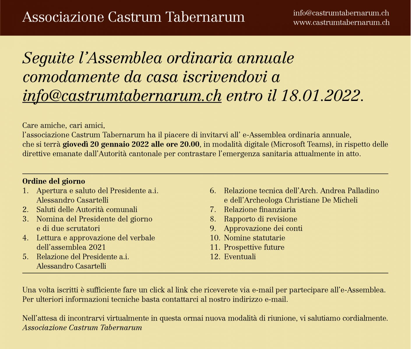 Assemblea annuale Associazione Castrum Tabernarum – 20.01.2022 alle ore 20.00