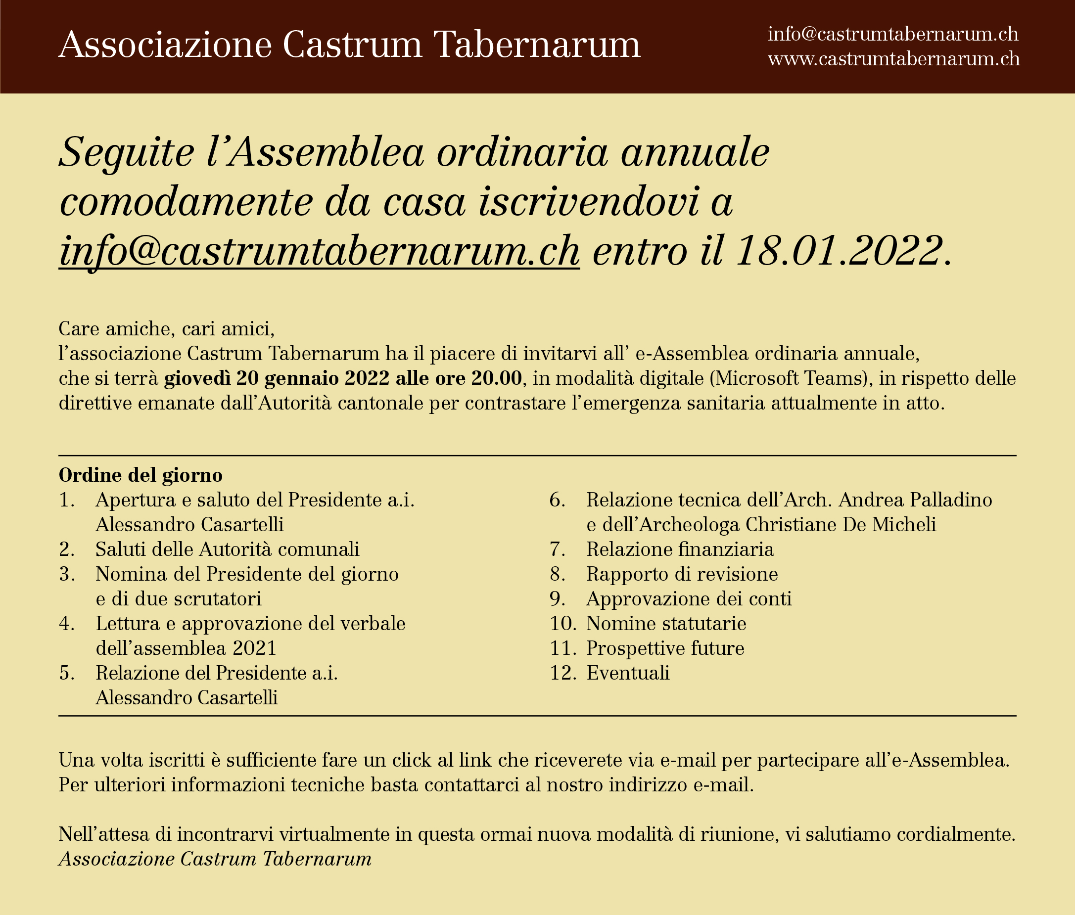Assemblea annuale Associazione Castrum Tabernarum – 20.01.2022 alle ore 20.00