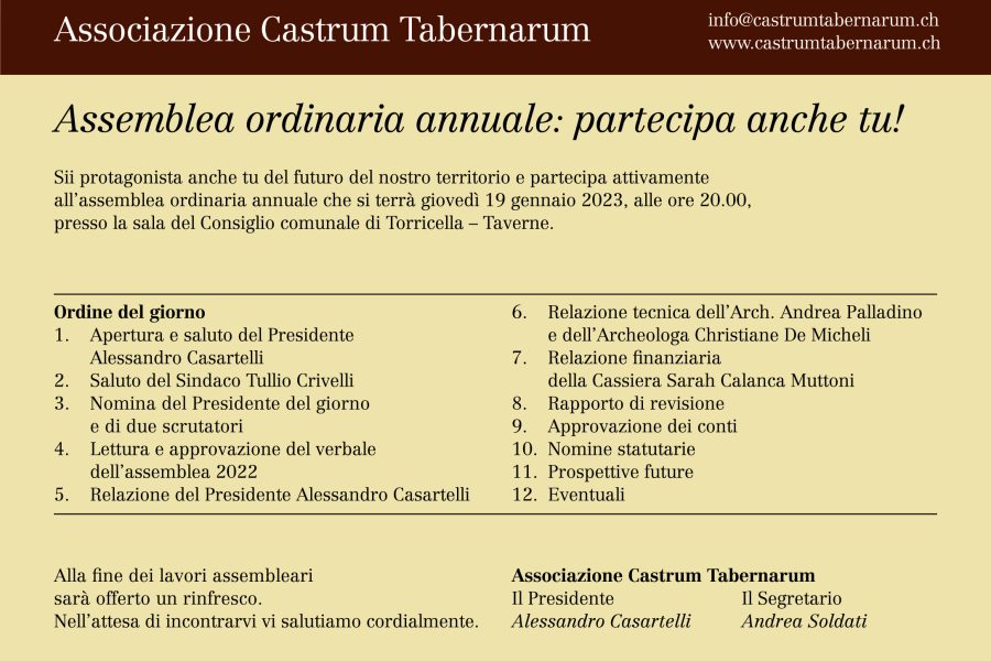 Assemblea annuale Associazione Castrum Tabernarum – 19.01.2023 alle ore 20.00