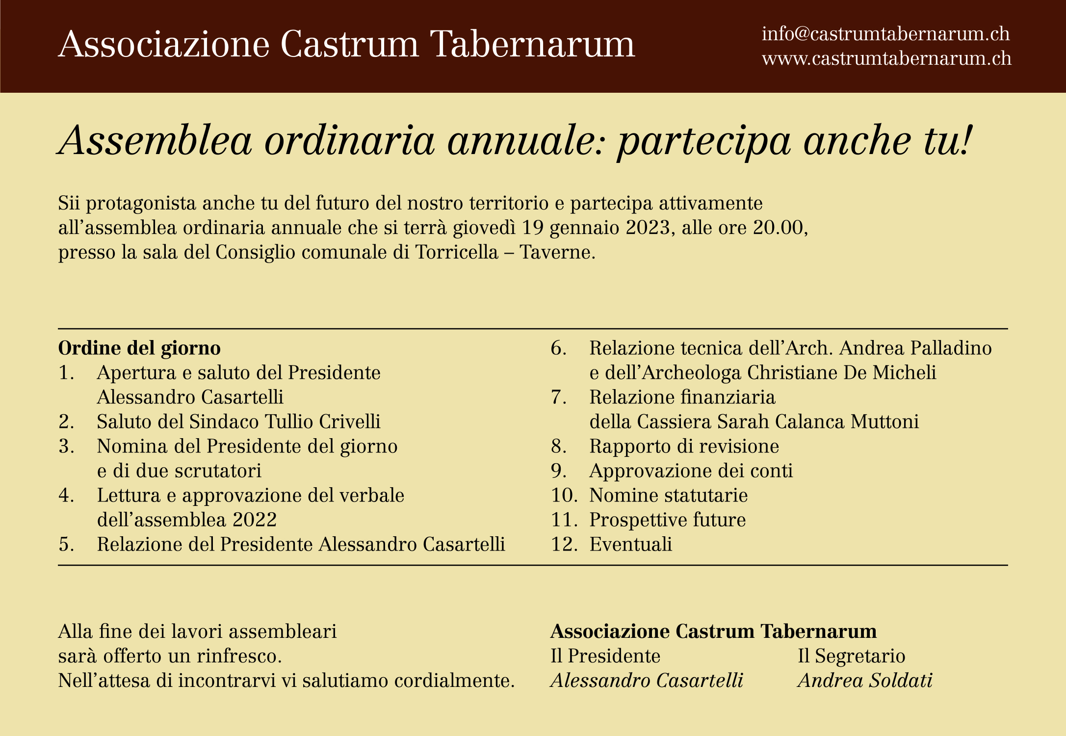 Assemblea annuale Associazione Castrum Tabernarum – 19.01.2023 alle ore 20.00