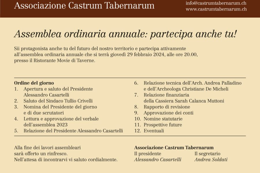 Assemblea annuale Associazione Castrum Tabernarum – 29.02.2024, ore 20.00
