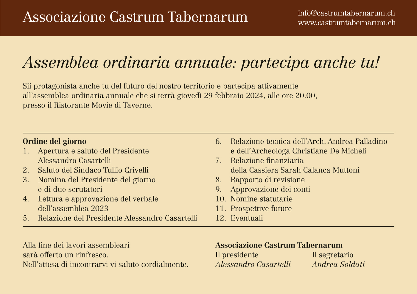 Assemblea annuale Associazione Castrum Tabernarum – 29.02.2024, ore 20.00