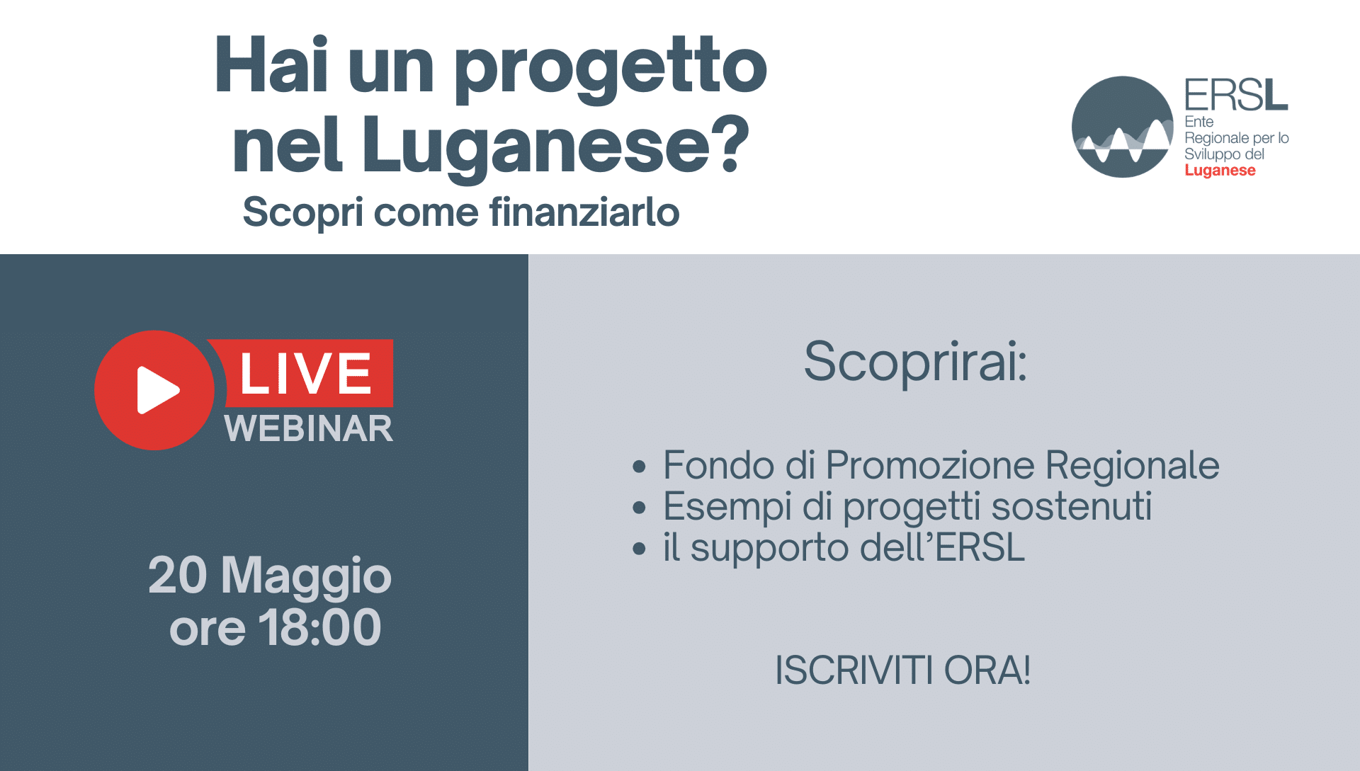 ERSL – Webinar presentazione del Fondo di Promozione Regionale per il Luganese – 20 maggio 2026 alle ore 18.00