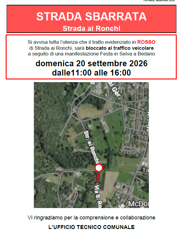 Avviso – Strada ai Ronchi sbarrata domenica 20 settembre 2026 dalle ore 11.00 alle ore 16.00